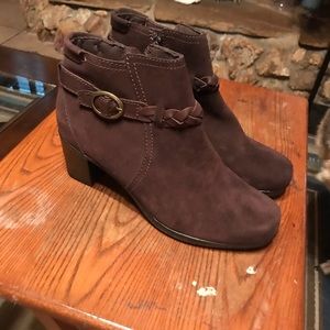 Clarks suede brown boots, 1 3/4 inch wide heel